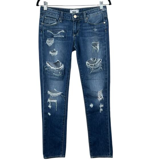 Paige Low Rise Distressed Denim Jimmy Jimmy Skinny Medium Wash Blue Jeans 24 USA - Picture 1 of 12